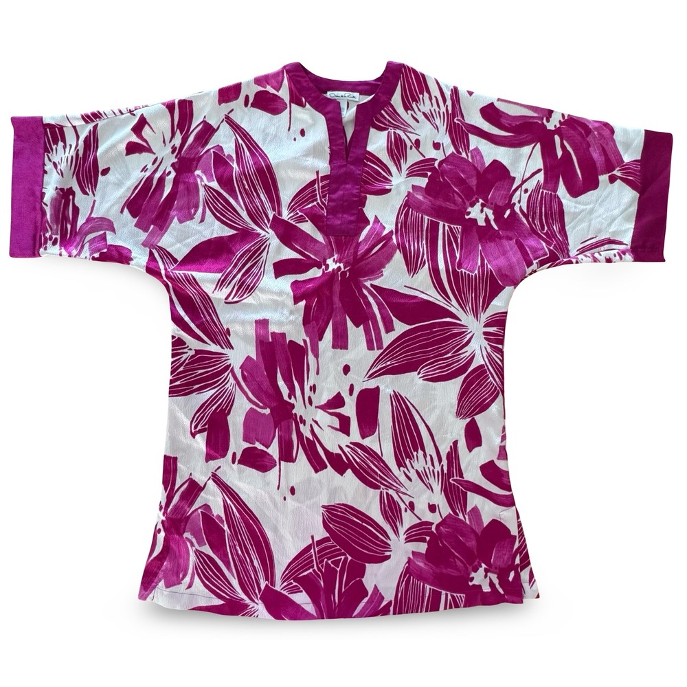 Oscar de la Renta Floral Print‎ Tunic Top Kimono Sleeve Blouse Fuchsia S